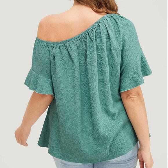 BLOOMCHIC 10 M Green Knotted Ruffle Sleeve Off Shoulder Blouse Top NWT B75 - Picture 2 of 9